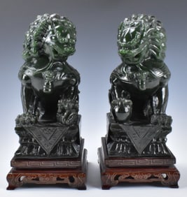 Pair Chinese Spinach Jade Carved Foo Lion on Stand