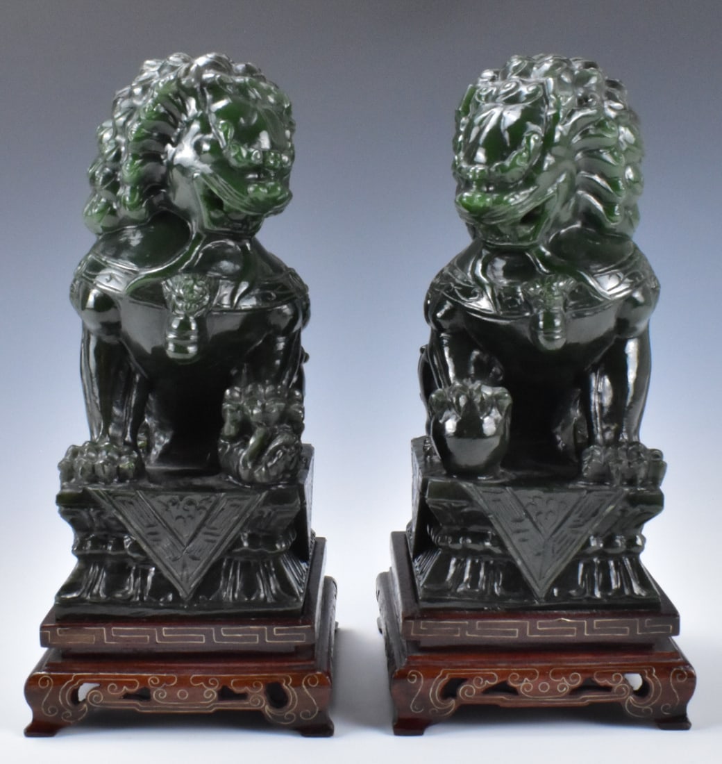 Pair Chinese Spinach Jade Carved Foo Lion on Stand (1 of 12)