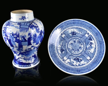 2 Chinese Blue & White Figural Jar & Plate,19th C.