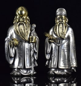 2 Chinese 925 Silver Cast Deity Figures,ROC Period