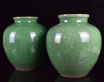 Pair of Chinese Ge Type Green Glazed Jar, 18th C.
