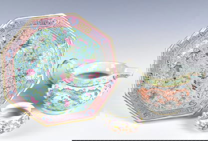 3 Chinese Famille Rose Dish, Pitcher & Waterpot