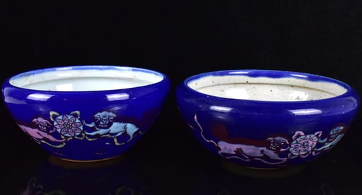 2 Chinese Famille Rose Blue Glazed Censer, 19th C.