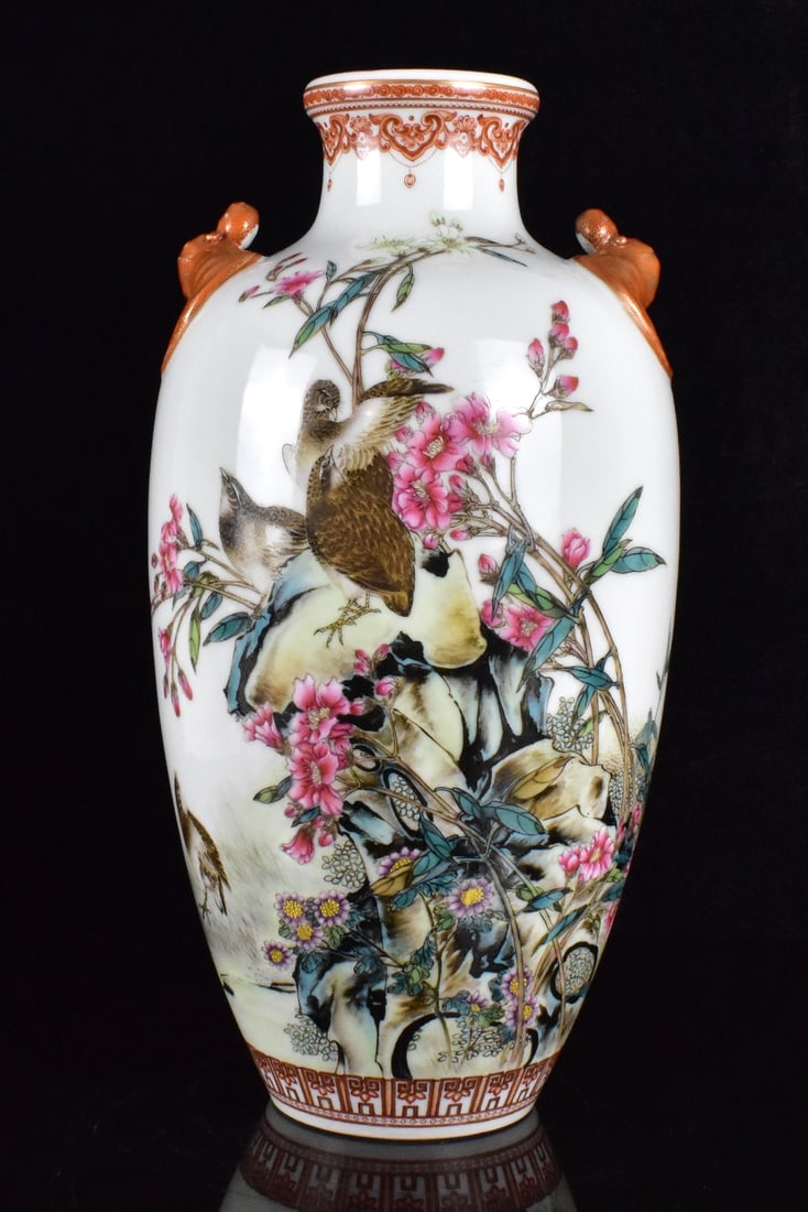 Chinese Famille Rose Quail & Flower Vase, ROC Pe. (1 of 16)