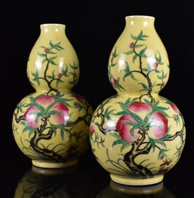 Pair Chinese Yellow Famille Rose Gourd Vase, 1950s