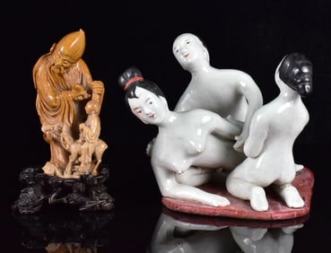 Chinese Erotic Porcelain & Soapstone Carved Figure