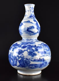 Chinese Blue & White Landscape Gourd Vase, 17th C.