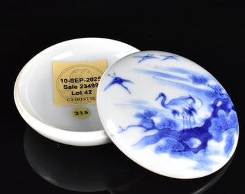 Chinese Blue & White Covered Box w/ Crane,19th C.