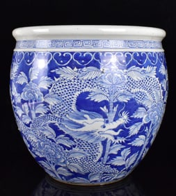 Chinese Blue & White Dragon Fish Bowl, 19th C.