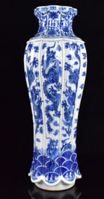 Chinese Blue & White Lobed Dragon Vase, 19th C,