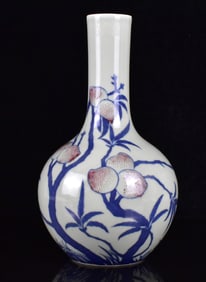Chinese Celadon Blue & Copper Red Peach Vase,ROC P