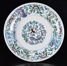 Chinese Doucai Enameled Dragon Dish, 18th C.