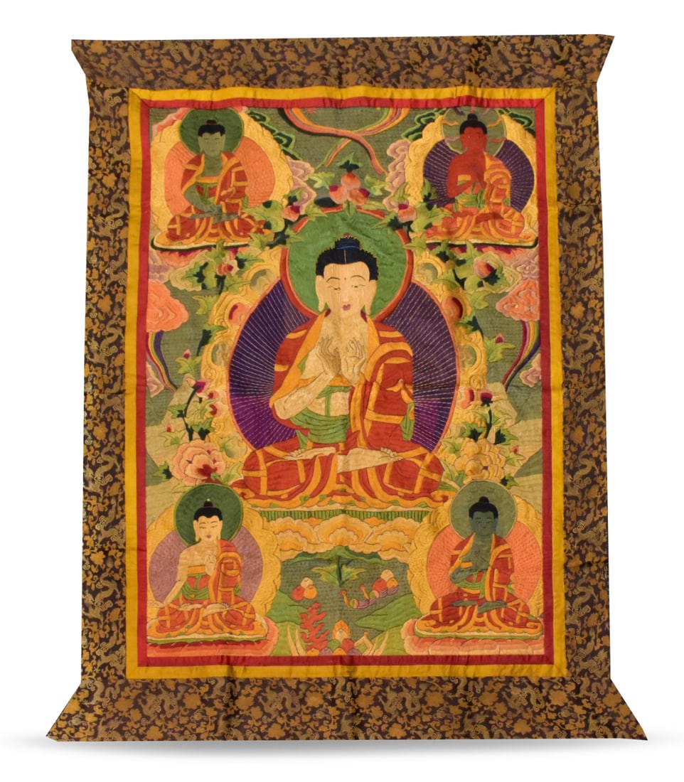 Tibetan Embroidery Tangka of Buddhist,Qing Dynasty: A Tibetan embroidery Tangka of Buddhist, dating from the Qing dynasty. A central Buddha seated figure in prayer flanked by four smaller Buddha figures, all seated in prayer. Colorful Tangka with brigh