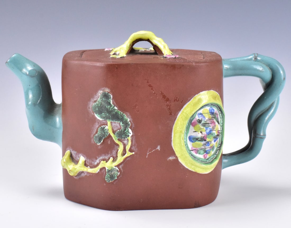 Chinese Yixing Zisha Enameled Teapot, ROC Perood (1 of 12)