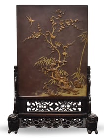 Large Chinese Qi Yang Stone Carved Screen, 19th C.