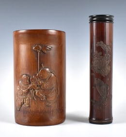 2 Chinese Bamboo Carved Brushpot & Incense Holder