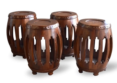 Set of 4 Chinese Wood Carved Garden Stools