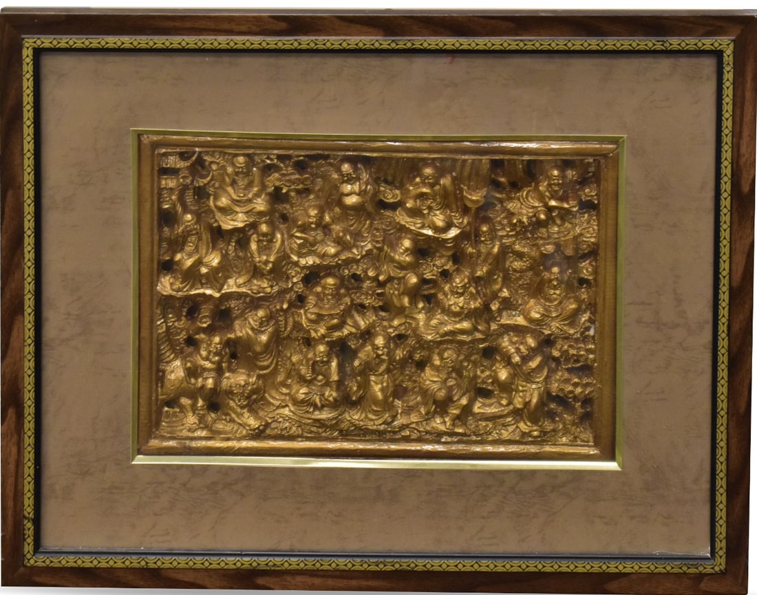 Chinese Gilt Lacquered Wooden Plaque w/ Luohan (1 of 7)
