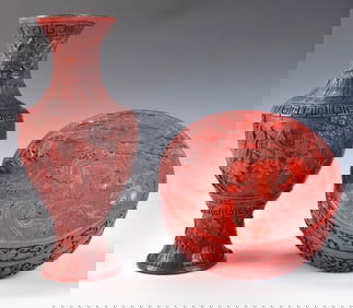 2 Chinese Lacquer Cinnabar Vase & Box, 19th C.