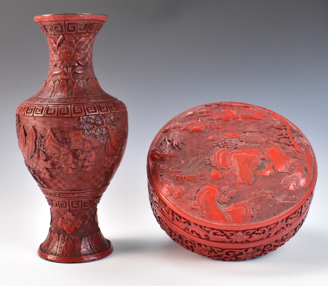 2 Chinese Lacquer Cinnabar Vase & Box, 19th C. (1 of 19)