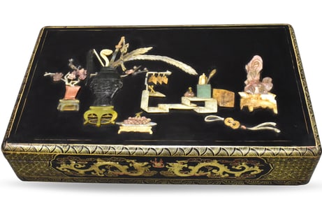 Chinese Lacquered Covered Box Inlaid w/Jade &Stone