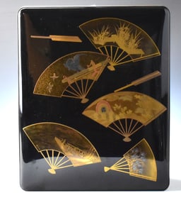 Large Japanese Lacquer Box w/ Fan & Hawk,Meiji Pe.