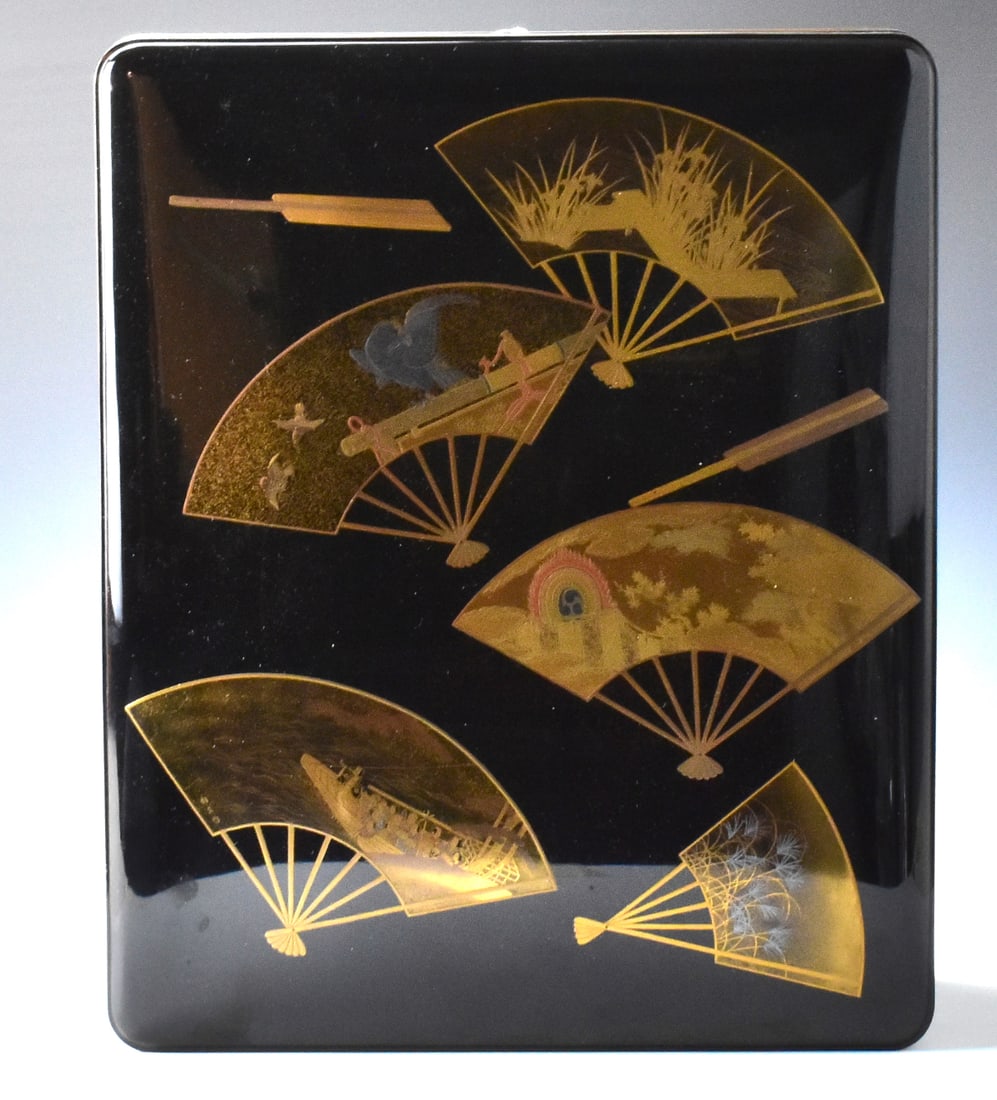 Large Japanese Lacquer Box w/ Fan & Hawk,Meiji Pe. (1 of 11)
