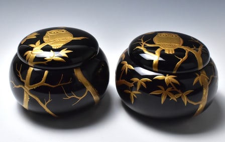 Pair Japanese Lacquered Covered "Go"Jar w/ Owls