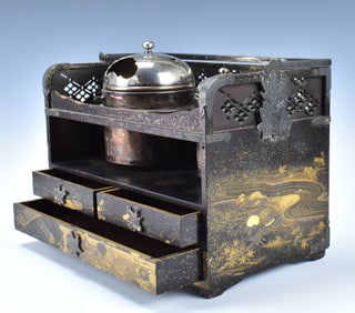 Japanese Gilt Lacquer Tobacco Box w/ Silver, Meiji