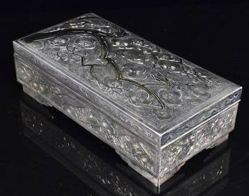 Japanese Silver Covered Box w/ Plum Tree, Meiji Pe