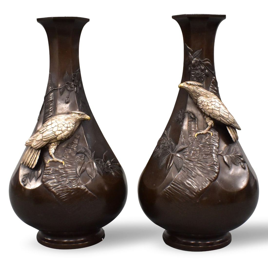 Pair of Japanese Mixed Metal "Hawk"Vases,Meiji Pe. (1 of 7)