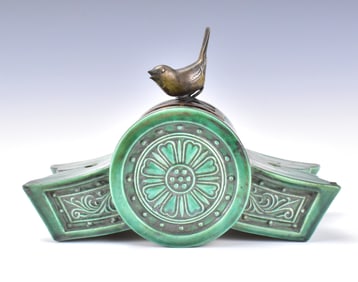 Japanese Green Glazed Censer w/ Bronze Bird Finial