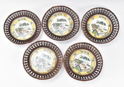 Set of 5 Bamboo Woven & Porcelain Dishes,19th C.