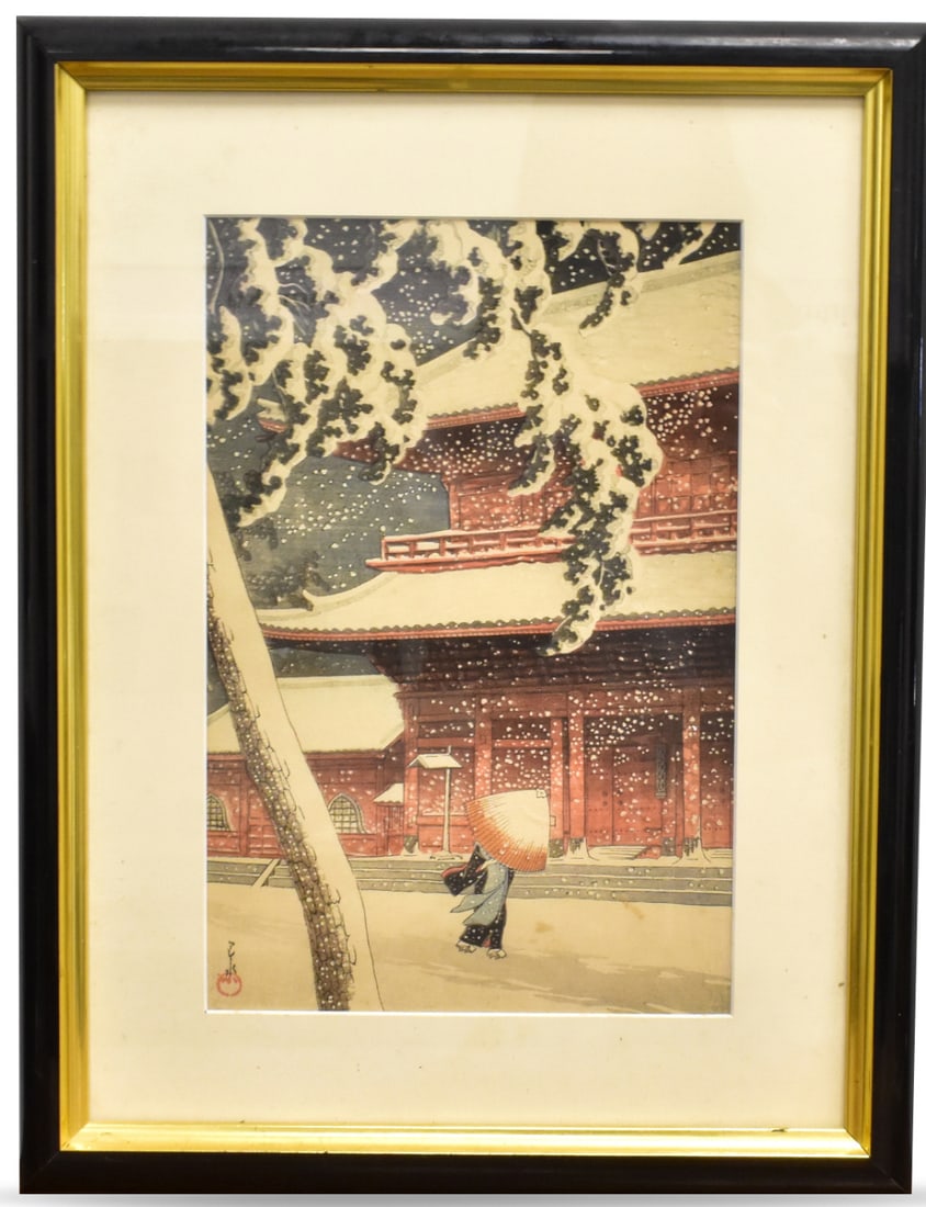 Kawase Hasui,Woodblock Print"Snow at Zojoji Temple (1 of 6)