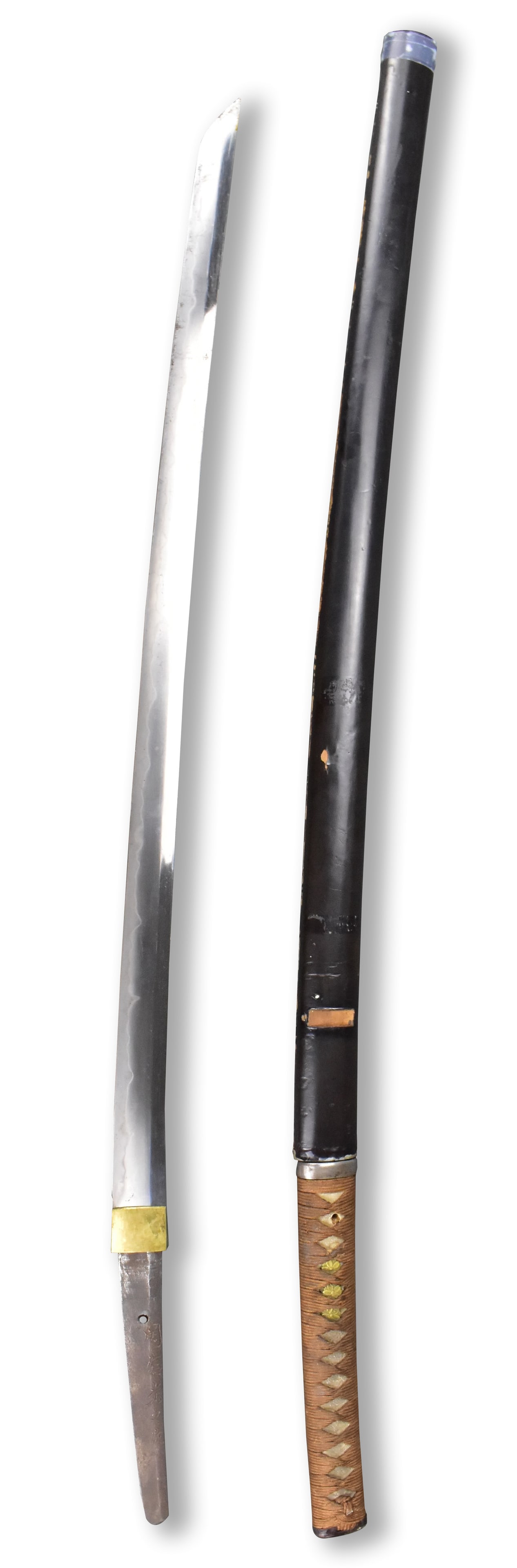 Nobumitsu,Japanese Militray Katana Sword, WWII: signed by bladesmith "Nobumistsu" Japanese Gunto katana. Circular tsuba in shaped of flower petal, long ray skin handle with metal fuchi and kashira, Handle retains the tightly wrapped cord. gilt bron