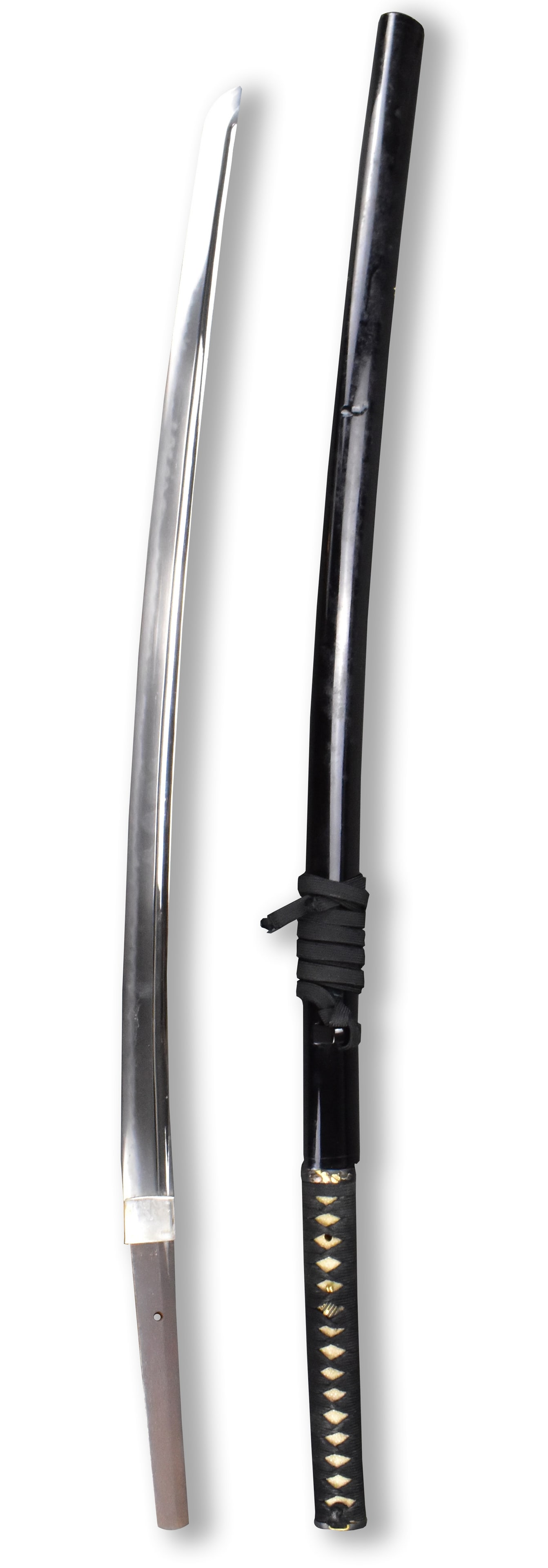 Mumei, Japanese Katana Sword, Shinshinto: A Mumei, Japanese katana Shinshinto sword (1772-1876). Circular shape tsuba with mixed metal design Long ray skin handle with metal fuchi and kashira, tight cord wrap with metal menuki underneath. gro