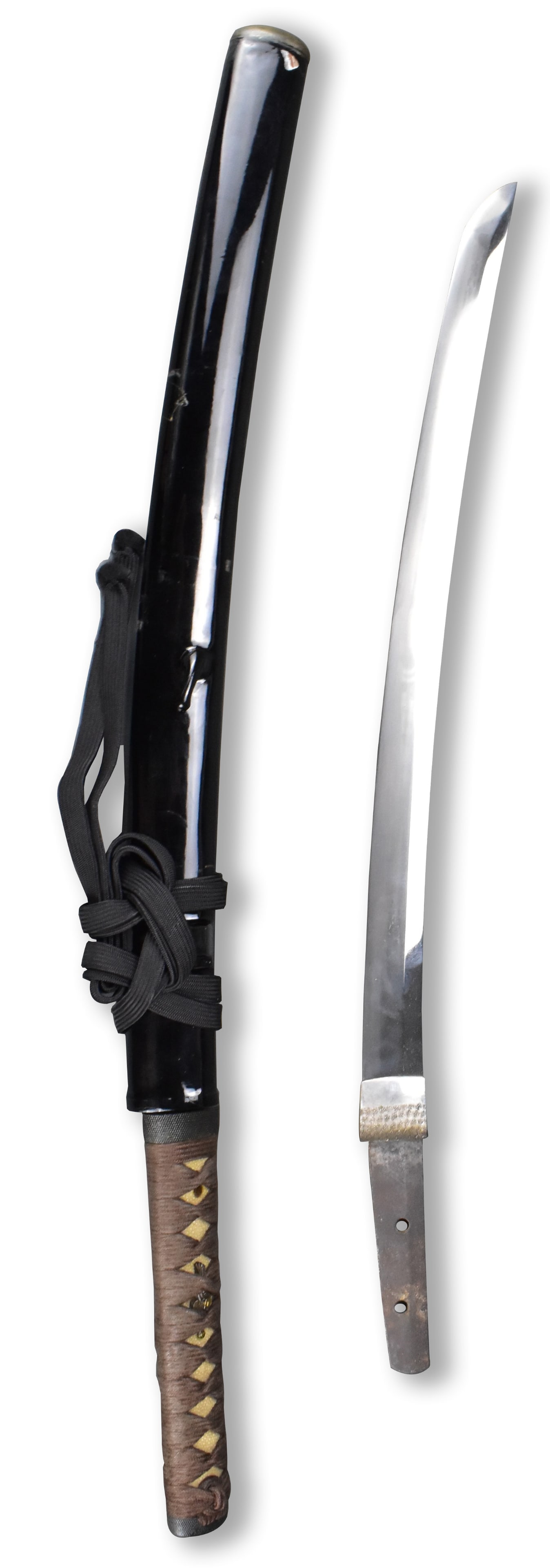 Mumei, Japanese Yoshimichi Wakizashi, Edo Period: Mumei, but Yoshimichi style Japanese wakizashi, shinto, dated from mid Edo period, Hexagonal shaped tsuba. decorative fuchi and kashira, ray skin handle with floral menuki on both side under tight cor