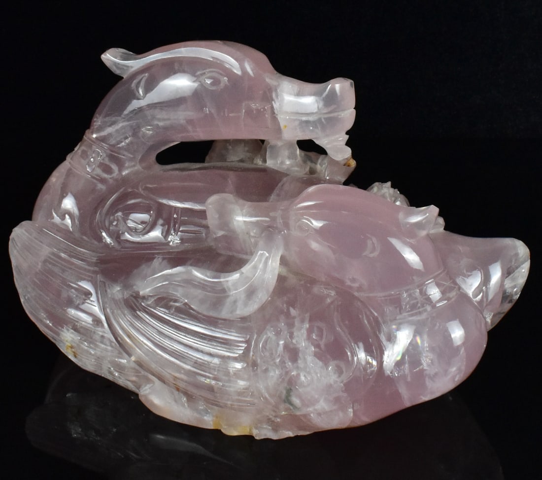 Chinese Rose Quartz Carved Ducks, Qing Dynasty: A Chinese rose quartz carved goose, dating from the Qing dynasty. Beautiful pink carved mandarin with another duck just below, feathers on the sides. L. 6 3/4" (17.1 cm) Collection of a private New Je