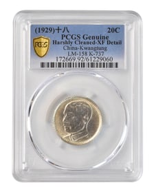 1929 China Kwangtung 20 Cent Silver Coin