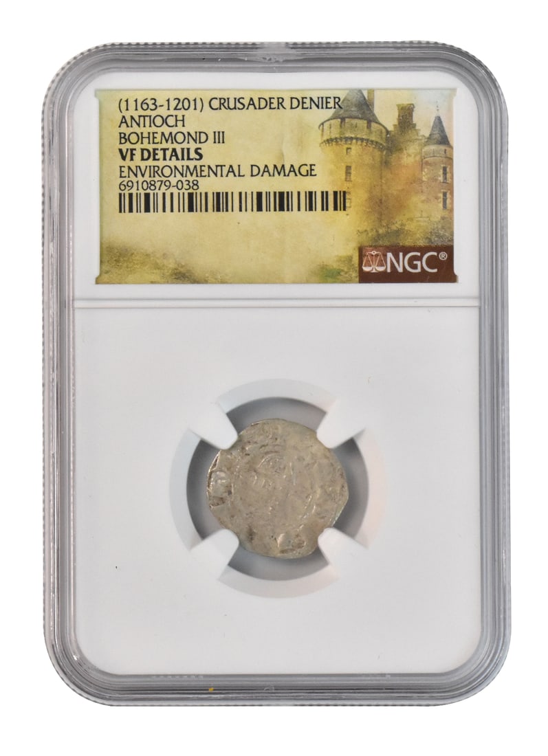 1163-1201 Crusader Denier Antioch BohemondIII Coin: A 1163-1201 Crusader denier antioch Bohemond III coin. A medieval silver coin minted by the Crusaders, often featuring a cross. Collection of a private Gaithersburg, Maryland collector Link to HD Natu