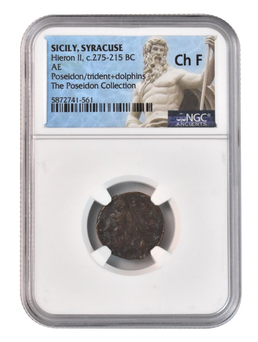 275-215 BC Sicily Syracuse Hieron II Bronze Coin: A 275-215 BC Silily, Syracuse Hieron II bronze coin. Poseidon on the front, reverse dolphins on either side of Trident head. Hieron II was a Greek Sicilian tyrant of Syracuse. Collection of a private