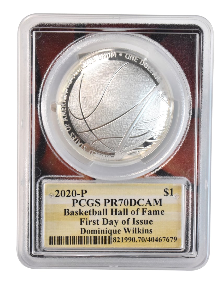 2020 1 Dollar Dominique Wilkins Silver Coin,signed: A 2020 $1 Dollar Dominique Wilkins Silver Coin, signed. From Naismith Memorial Basketball Hall of Fame, encapsulated in protective plastic housing. First Day of Issue. Collection of a private Gaithers