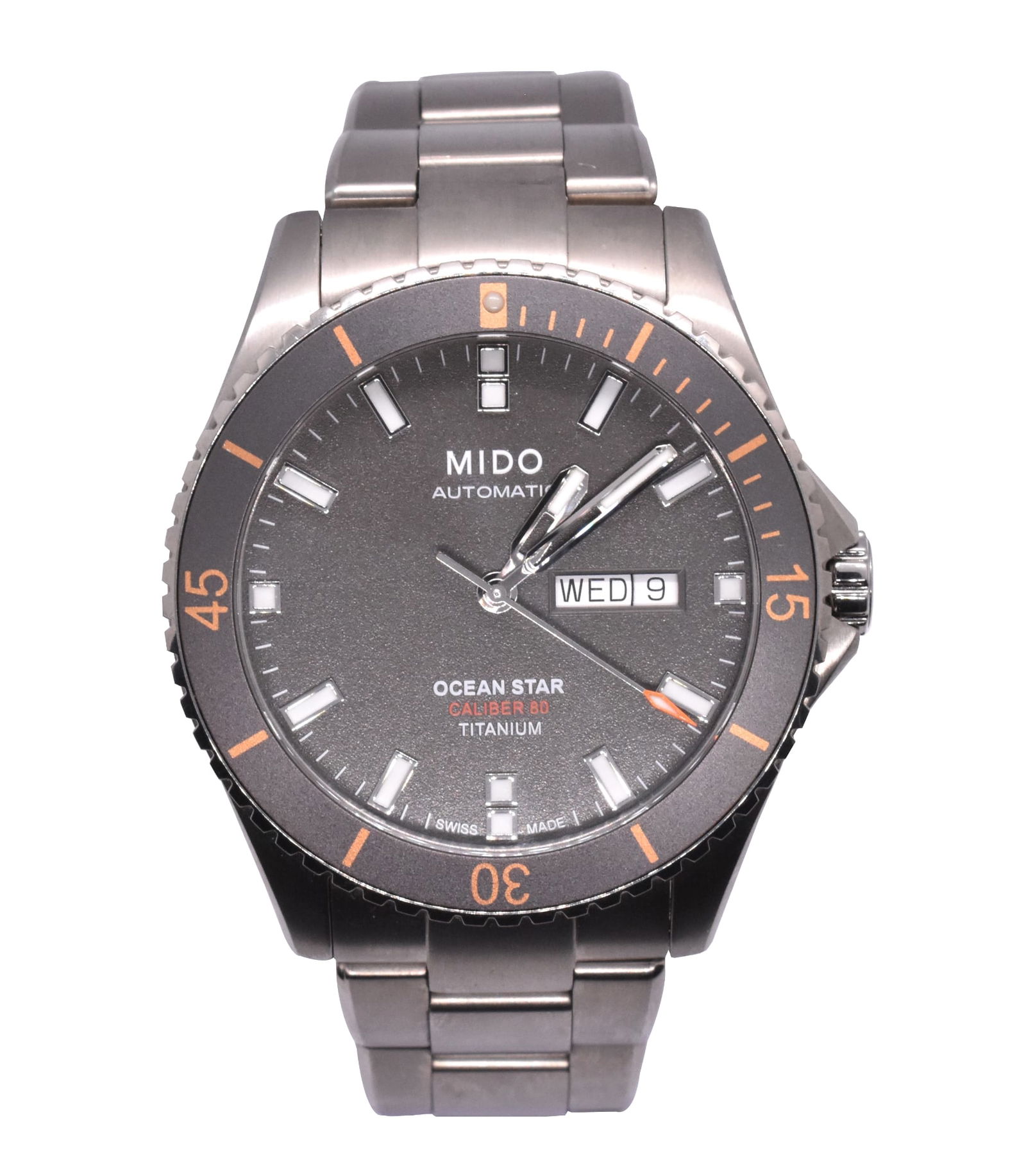 Mido Auto Watch Ocean Star Titanium Caliber 80: A Mido automatic watch Ocean Star diving watch, Titanium, Caliber 80. On back: M026430A, Sapphire Crystal, Titanium. Link to HD Natural Light photos:Click here for high resolution images