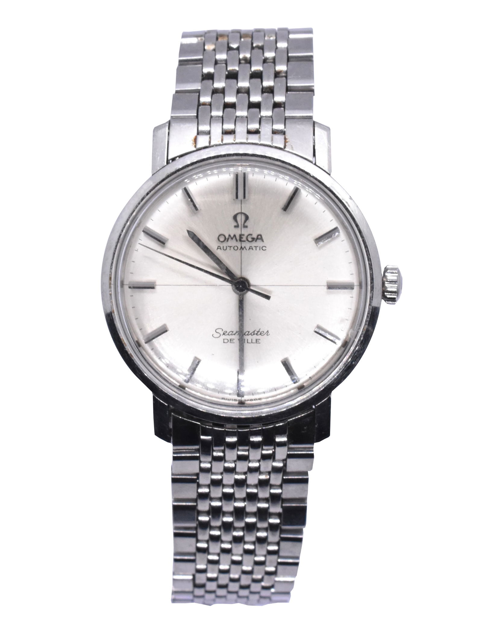 Omega Automatic Seamaster De Ville Watch: On face: Omega automatic Seamaster De Ville. Swiss Made, sunburst dial, stainless steel band. On back: Seamaster, Waterproof. Link to HD Natural Light photos:Click here for high resolution i