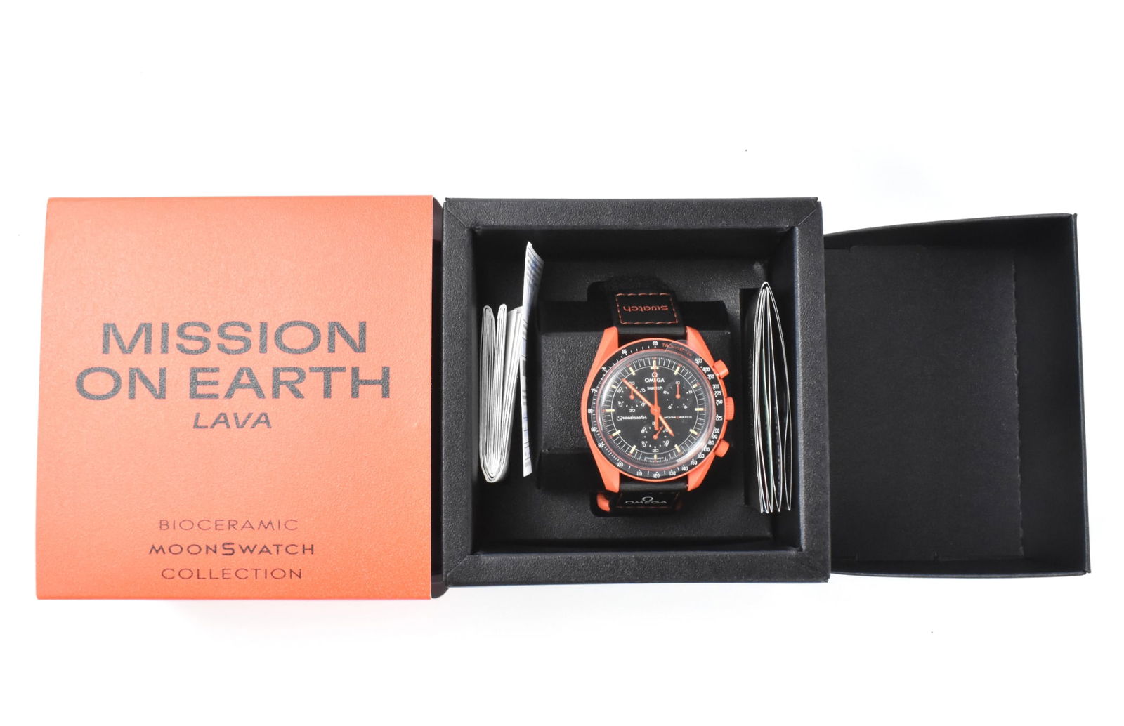 MoonSwatch Omega Swatch Mission on Earth Lava: A MoonSwatch Omega Swatch Mission on Earch Lava watch. Bioceramic MoonSwatch Collection. Date on paperwork: Nov. 15, 2024, No. 50330100. New, with original box. Link to HD Natural Light photos: