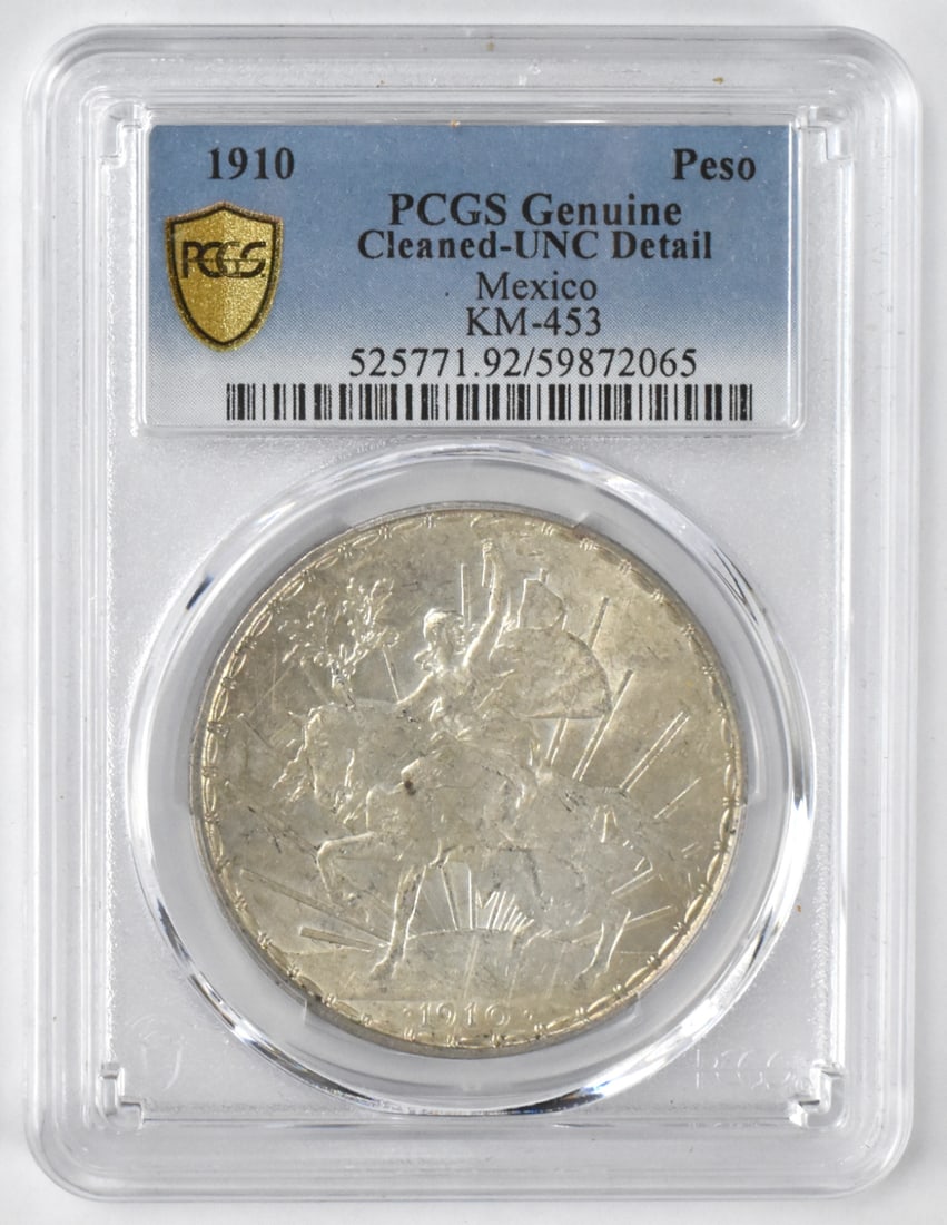 1910 Silver Peso Caballito Coin Mexico PCGS Grade: A 1910 silver peso coin. PGCS Graded UNC-Detail, Cleaned. silver, horse on front, minted in Mexico, 1910. Link to HD Natural Light photos:Click here for high resolution images