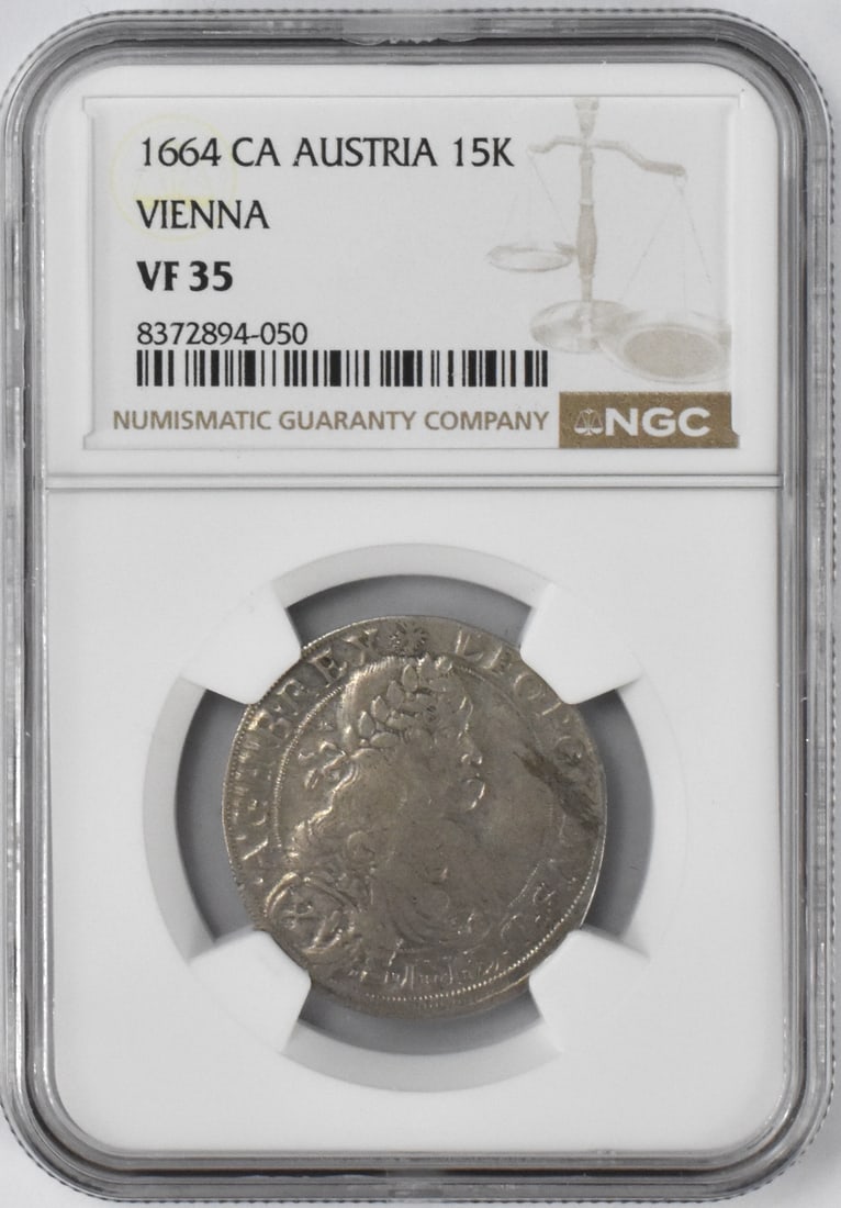 1664 CA Austria Vienna 15K Silver Coin, NGC Grade: A 1664 CA Austria Vienna 15 Kreuzer silver coin, NGC graded VF 35. On front: Leopold. Link to HD Natural Light photos:Click here for high resolution images