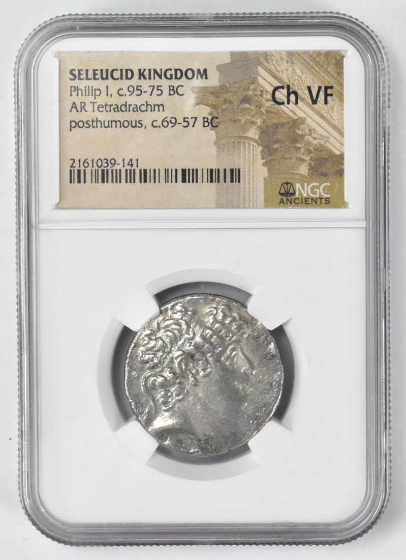 C.95-75 BC Seleucid Kingdom Silver Coin NGC Grade: Seleucid Kingdom Philip I, C.95-75 BC Silver Coin, AR Tetradrachm posthumous, C.69-57 BC. NGC Graded Ch VF Link to HD Natural Light photos:Click here for high resolution images