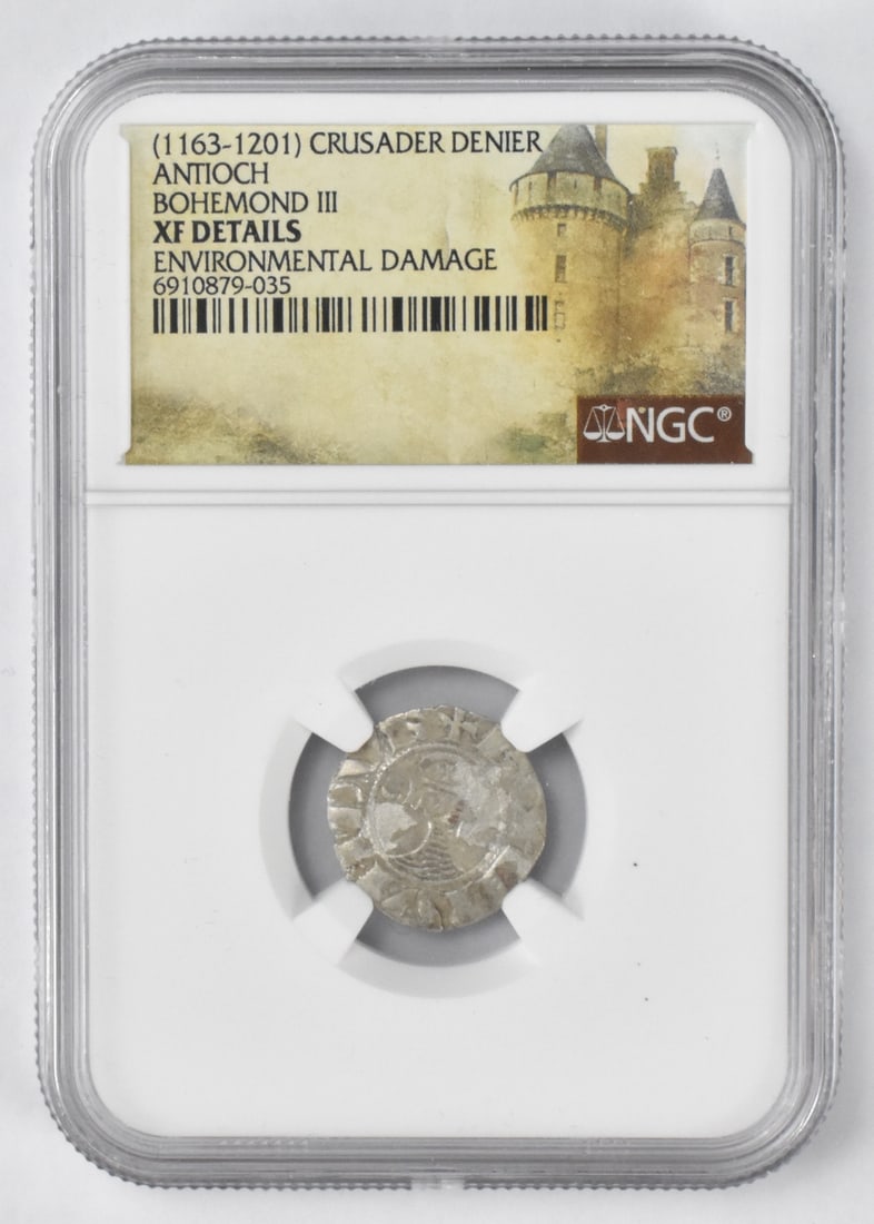 1163-1201 Crusader Denier Silver Coin,NGC Graded: 1163-1201 Crusader Denier Antioch Bohemond III silver coin, NGC graded XF details, environmental damage Link to HD Natural Light photos:Click here for high resolution images