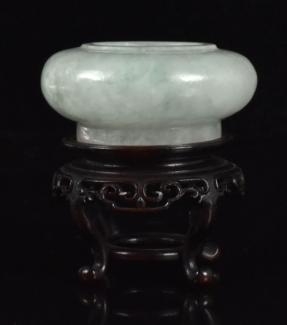 Chinese Jadeite Carved Water Coupe on Wooden Stand (1 of 8)